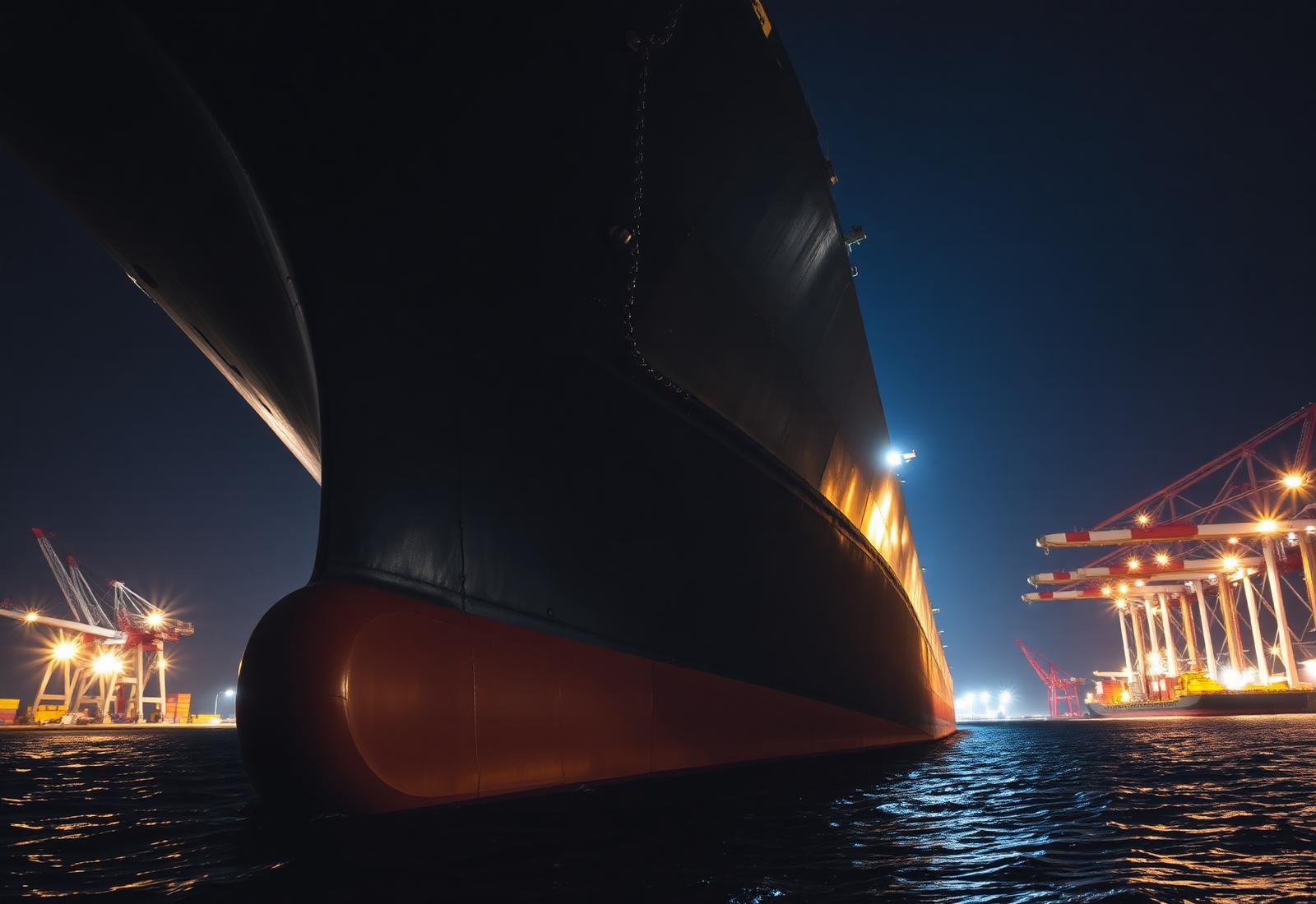 Cargo ship hull at night