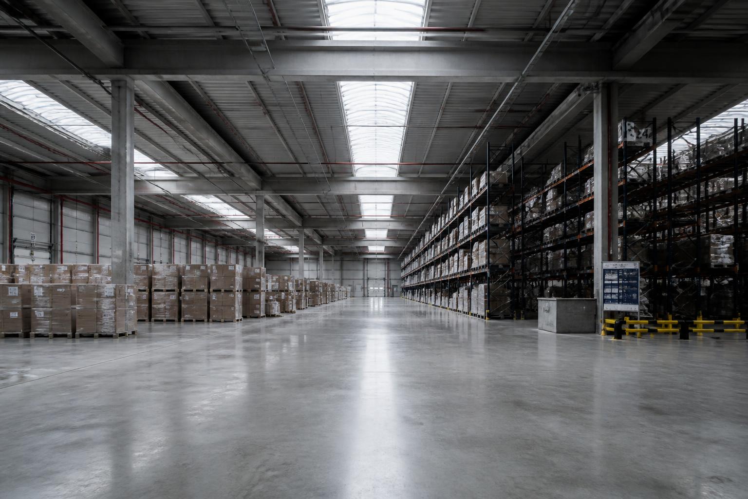 Interior of a large modern logistics warehouse with neatly stacked pallets