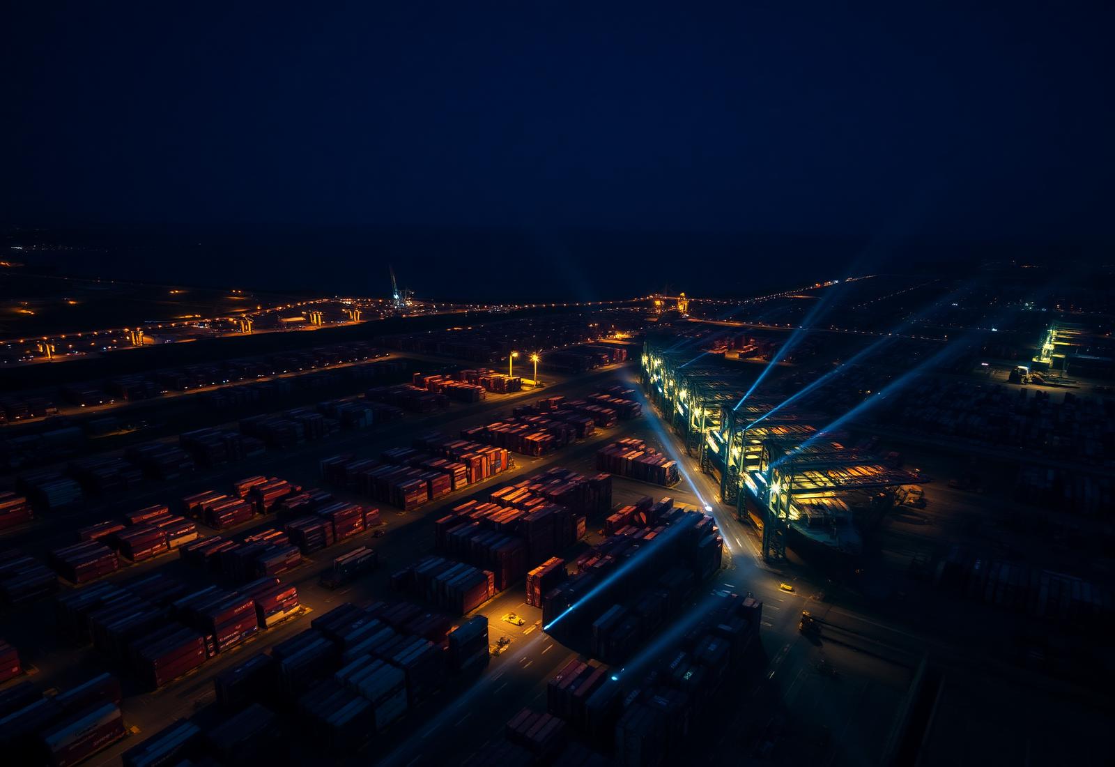 Aerial view of a vast container terminal at night
